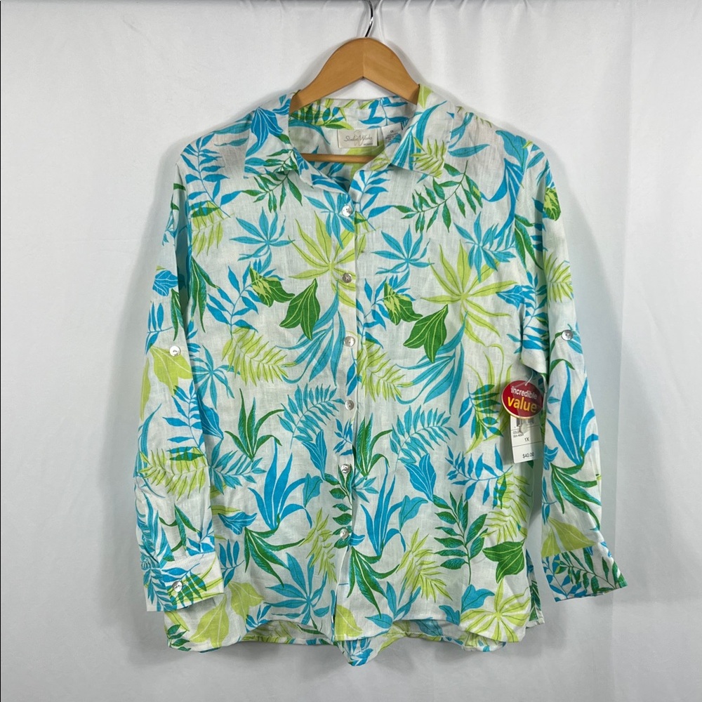 VINTAGE 90’s STUDIO WORKS Women’s Linen Blouse Sea Aqua Long Sleeve Button Up 1X